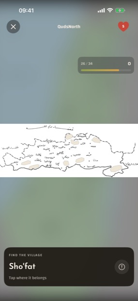 A round in play: the hand-drawn map of the QudsNorth region, a heart showing five lives, a progress bar reading 26 of 34, and a prompt card reading Find the village, Sho'fat.