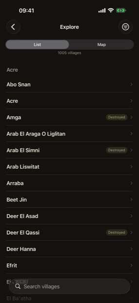 The Explore atlas listing the villages of the Acre district.